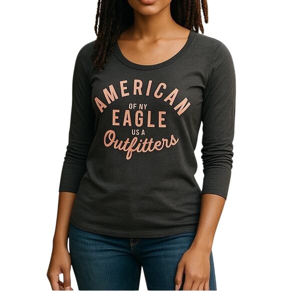 American Eagle Fitted Long Sleeve Scoop Neck Logo T-Shirt Size Small - Picture 1 of 11